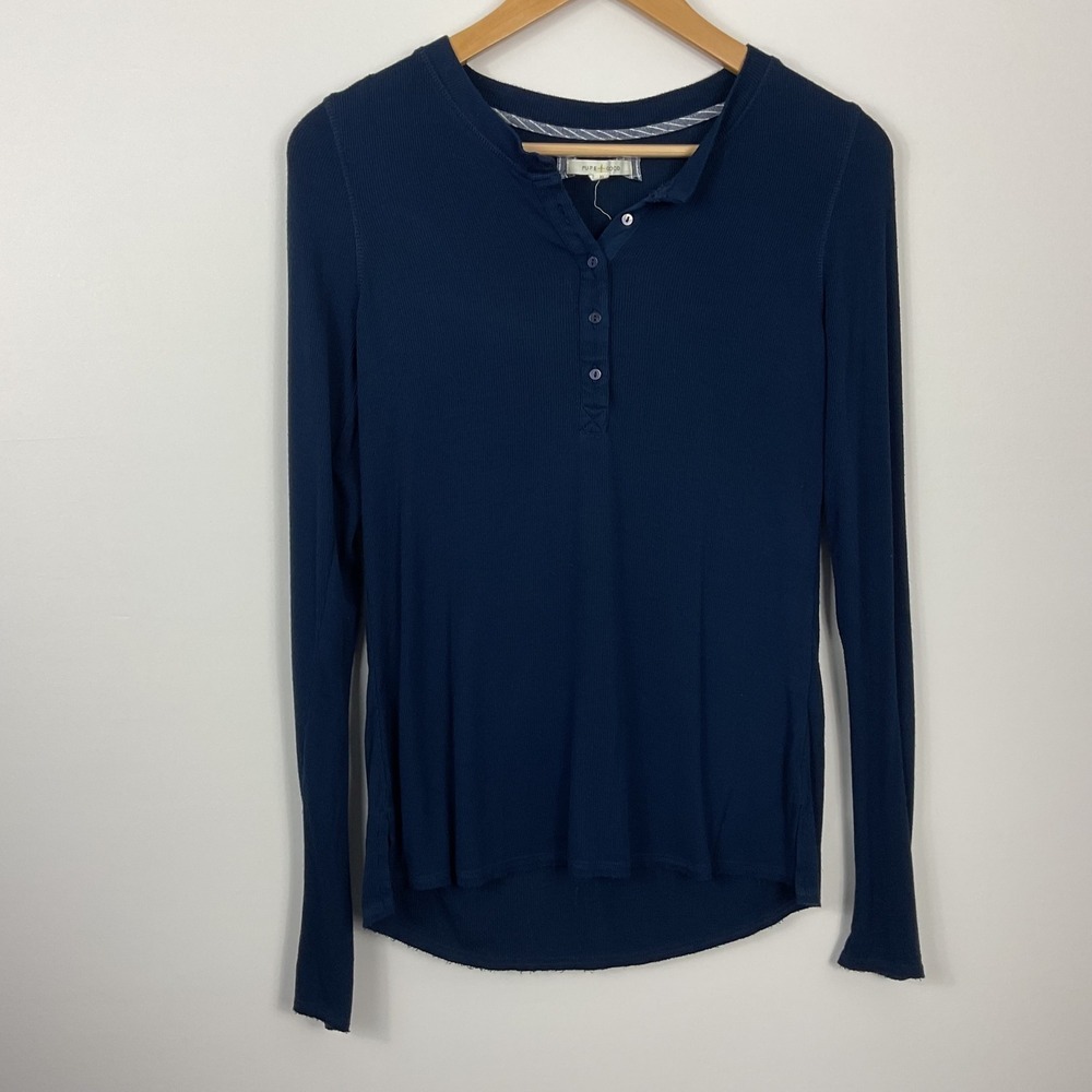 Pure + Good Womens XS Henley Thermal Top Long Sleeve Ribbed Knit Navy Blue